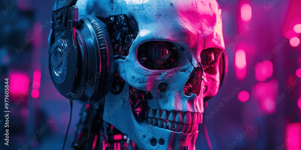 Sci-fi floating cyborg skull in futuristic lab with cables attached Sci-fi floating cyborg skull in futuristic lab with cables attached