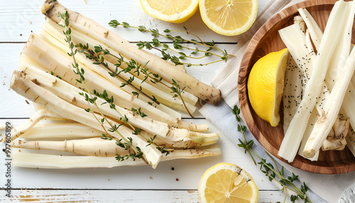 Dish with raw salsify roots, lemon and thyme on white wooden table, closeup. Space for text photo