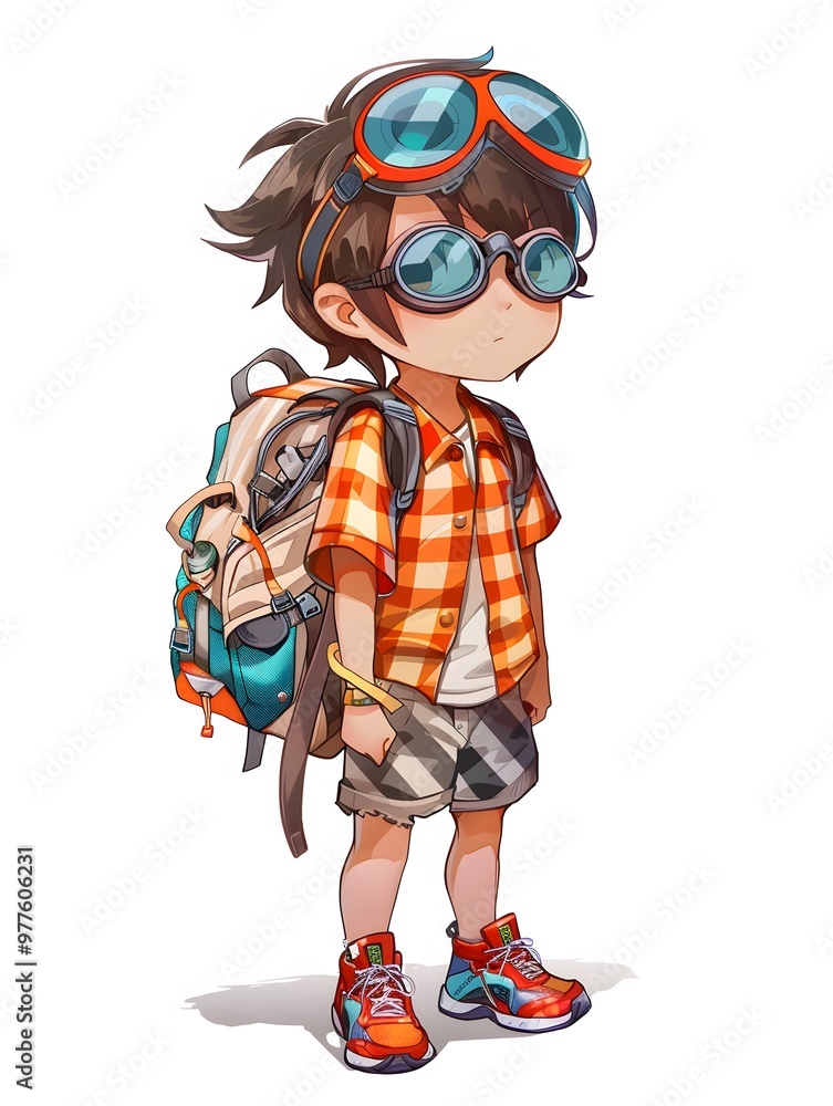 A character with glasses and an oversized backpack stands confidently, showcasing a detailed and adventurous design. A character with glasses and an oversized backpack stands confidently, showcasing a detailed and adventurous design.