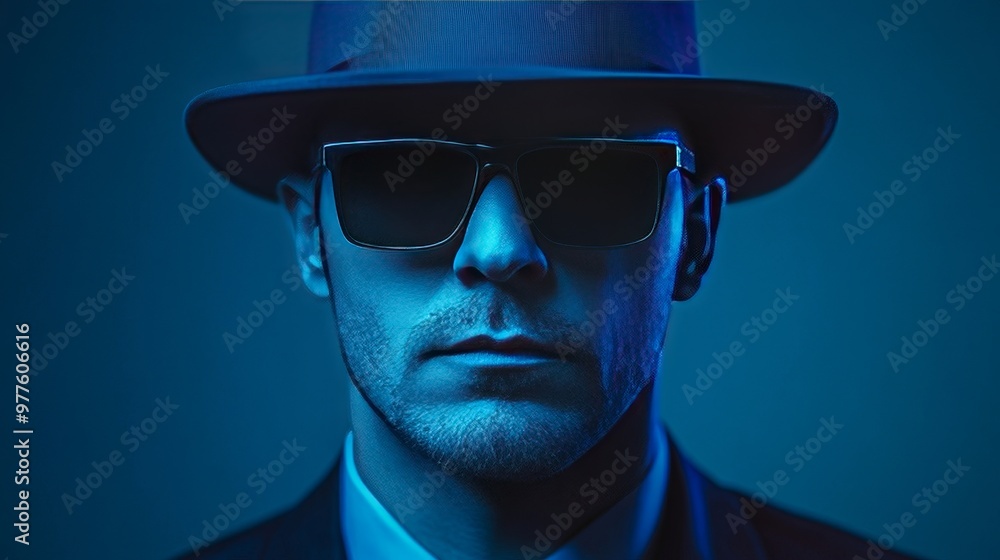 A man wearing a hat and sunglasses is standing in front of a blue background A man wearing a hat and sunglasses is standing in front of a blue background