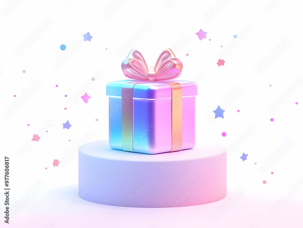 Obraz premium Flat Holographic Gift Box Podium Concept - Celebratory Symbol of Giving with Ample Copy Space for Text in Simple Vector Illustration