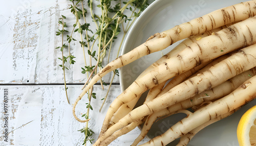 Dish with raw salsify roots, lemon and thyme on white wooden table, closeup. Space for text photo