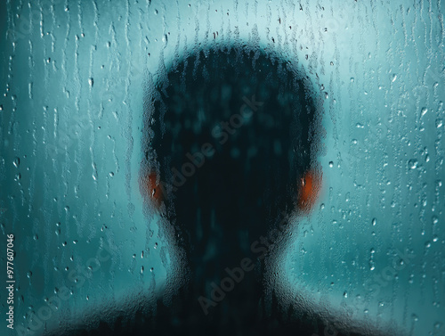 A person gazes out through a rain-soaked window, embodying emotional distance and introspection in a moody, atmospheric scene. photo