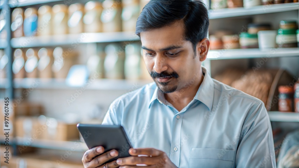 Indian Convenience Store Owner Reviewing Stock on Mobile
Indian Convenience Store Owner Reviewing Stock on Mobile