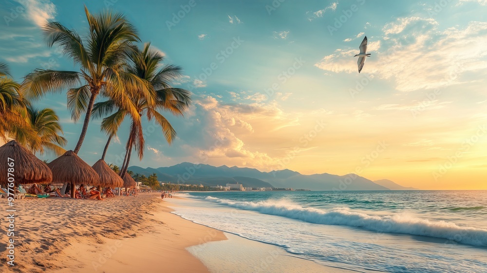A serene Mexican beach scene, with palm trees, golden sands, and turquoise waves at sunset.