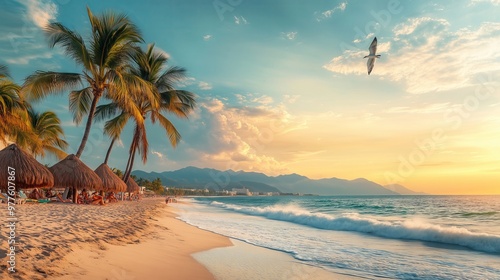 Obraz na płótnie A serene Mexican beach scene, with palm trees, golden sands, and turquoise waves at sunset. w salonie