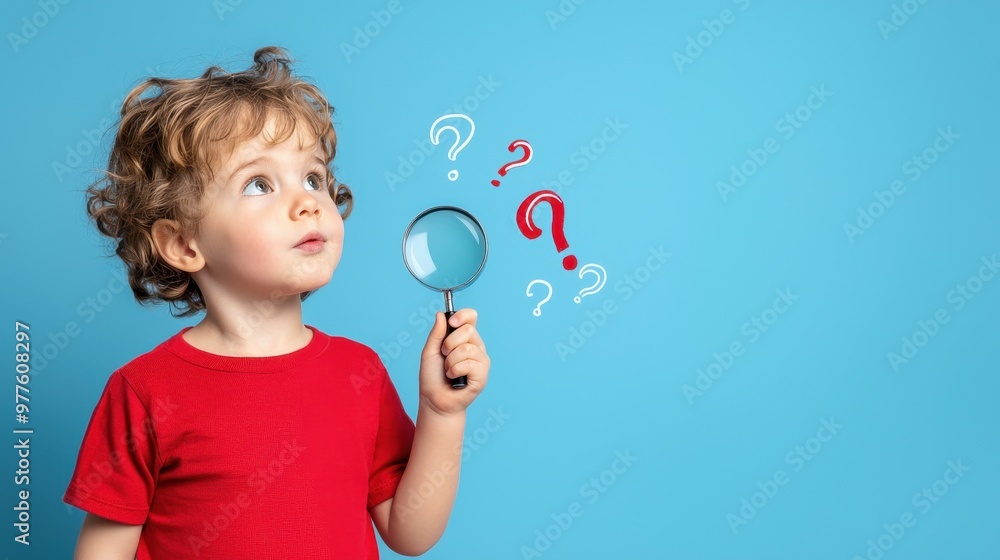 Inquisitive Child Exploring with Magnifying Glass and Question Marks in Search of Knowledge Inquisitive Child Exploring with Magnifying Glass and Question Marks in Search of Knowledge