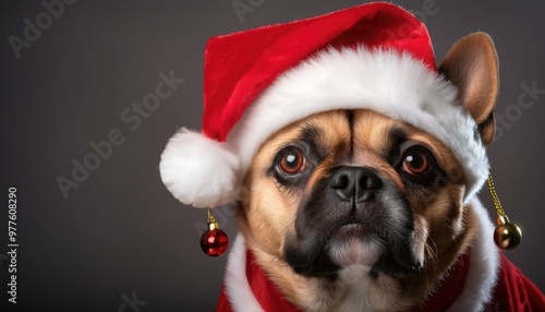 A dog wearing a Santa hat