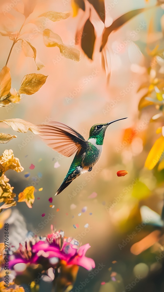 Hummingbird in flight, surrounded by golden and pink flowers. Hummingbird in flight, surrounded by golden and pink flowers.