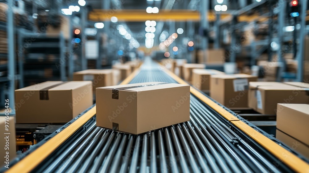 Multiple boxes move along a conveyor belt in a busy logistics facility, symbolizing shipping automation, supply chain management, and industrial efficiency. Multiple boxes move along a conveyor belt in a busy logistics facility, symbolizing shipping automation, supply chain management, and industrial efficiency.