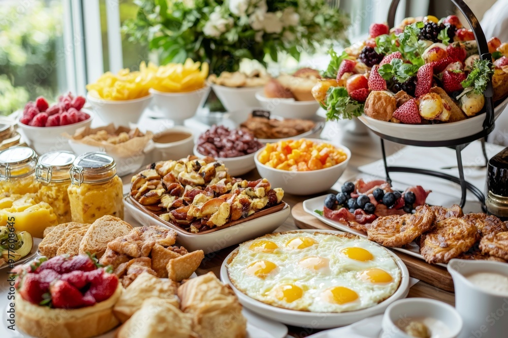 Brunch spread with a variet of dishes pastries. Village Breakfast with pastries, vegetables, greens, spreads, cheeses, fried eggs, jams.
Brunch spread with a variet of dishes pastries. Village Breakfast with pastries, vegetables, greens, spreads, cheeses, fried eggs, jams.