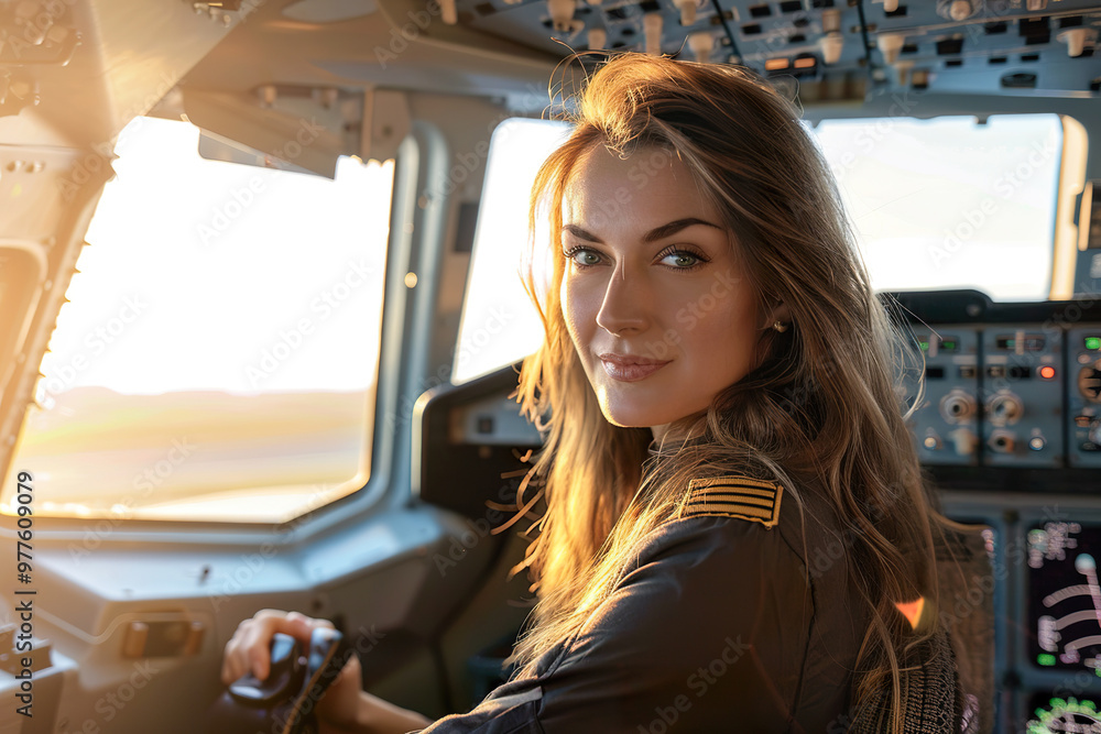 A woman piloting a plane with a smile on her face., A woman piloting a plane with a smile on her face.,