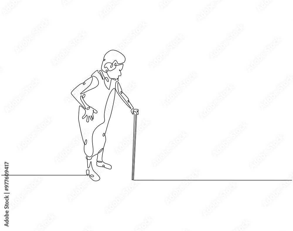 Continuous one line drawing of grandmother walking with a walker. One line drawing illustration of old woman use stick walker. International patient safety day concept line art. Editable outline Continuous one line drawing of grandmother walking with a walker. One line drawing illustration of old woman use stick walker. International patient safety day concept line art. Editable outline