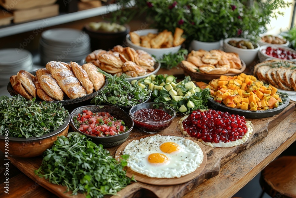 Brunch spread with a variet of dishes pastries. Village Breakfast with pastries, vegetables, greens, spreads, cheeses, fried eggs, jams.
Brunch spread with a variet of dishes pastries. Village Breakfast with pastries, vegetables, greens, spreads, cheeses, fried eggs, jams.