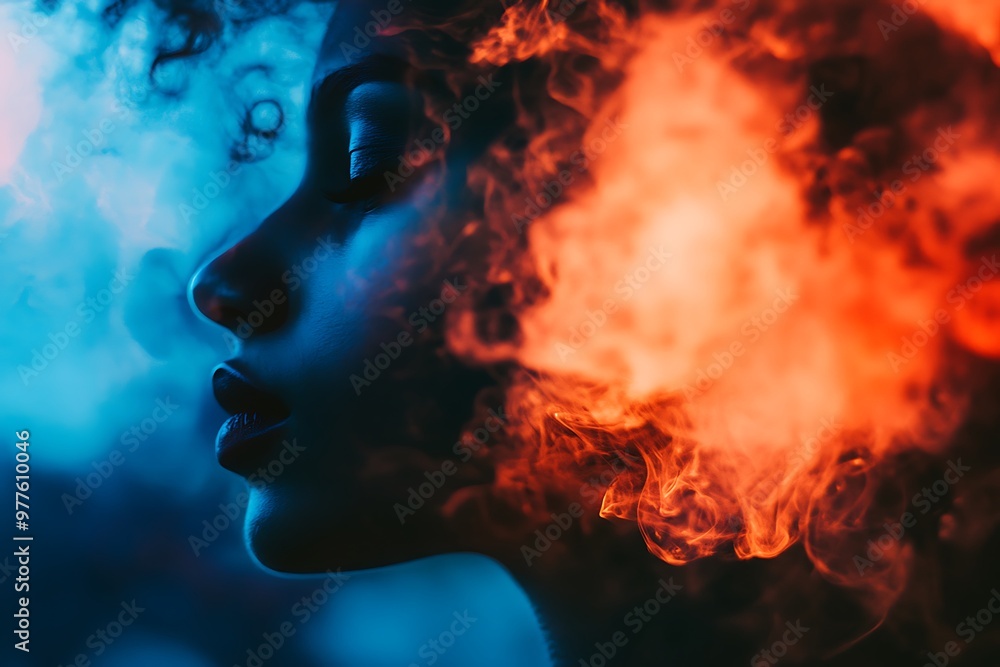 Silhouette of a woman with colorful smoke covering her face, abstract portrait in vibrant colors. Silhouette of a woman with colorful smoke covering her face, abstract portrait in vibrant colors.