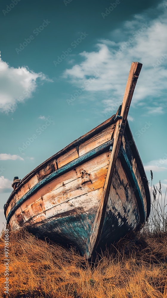 Weathered wooden boat resting on dry grass under a cloudy sky. Weathered wooden boat resting on dry grass under a cloudy sky.