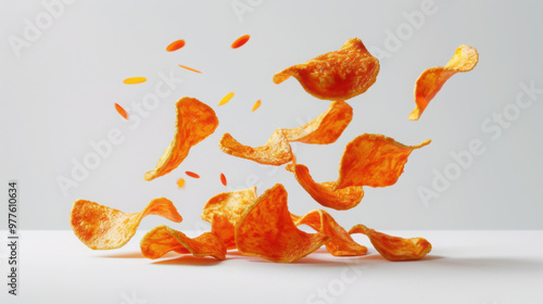Peri Peri Fruit chips, crispy, falling on a plain white background. Hyperrealistic, cinematic and high quality