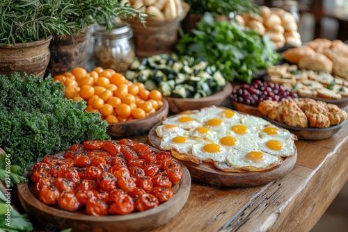 Brunch spread with a variet of dishes pastries. Village Breakfast with pastries, vegetables, greens, spreads, cheeses, fried eggs, jams. 