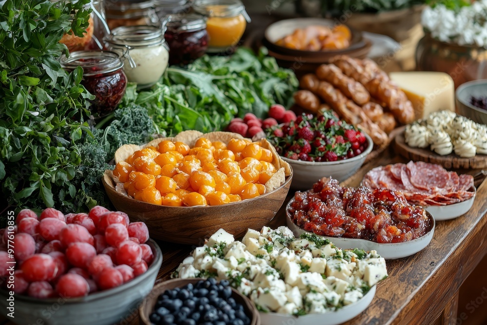 Brunch spread with a variet of dishes pastries. Village Breakfast with pastries, vegetables, greens, spreads, cheeses, fried eggs, jams.
Brunch spread with a variet of dishes pastries. Village Breakfast with pastries, vegetables, greens, spreads, cheeses, fried eggs, jams.