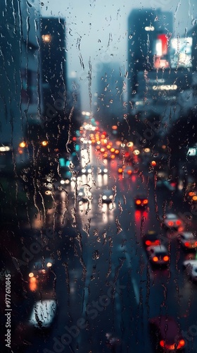 Rainy city night view through a window.