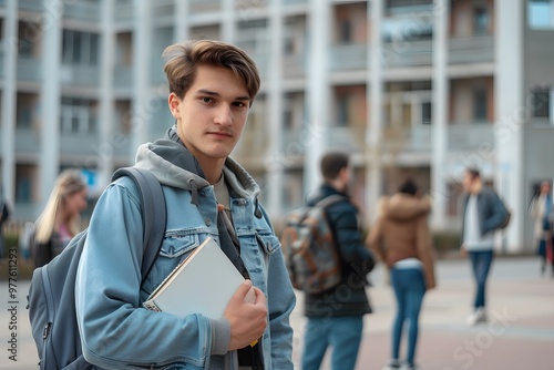 Young man wearing a backpack stands in front of a brick building.