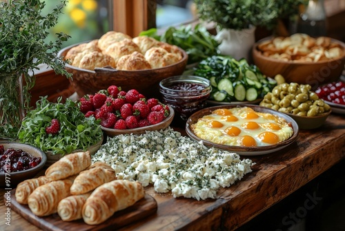 Brunch spread with a variet of dishes pastries. Village Breakfast with pastries, vegetables, greens, spreads, cheeses, fried eggs, jams.
 photo