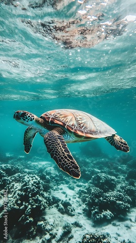 Sea turtle swims through clear blue water.