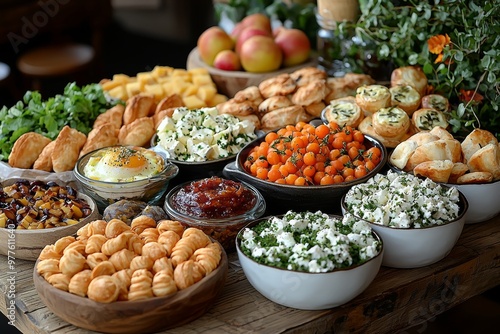 Brunch spread with a variet of dishes pastries. Village Breakfast with pastries, vegetables, greens, spreads, cheeses, fried eggs, jams.
 photo