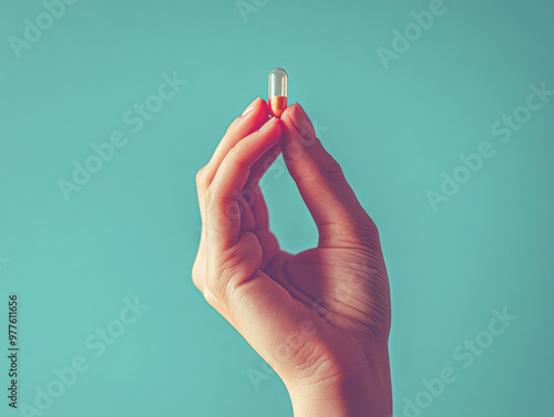 A hand holding a pill in its palm