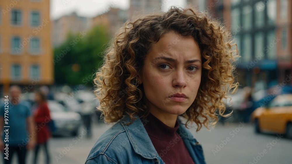 A closeup portrait of a young cattractive curly haired woman with a sad serious worried expression on her face, standing alone ion the city street. A closeup portrait of a young cattractive curly haired woman with a sad serious worried expression on her face, standing alone ion the city street.