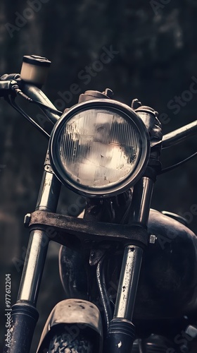 Close-up of a vintage motorcycle's headlight with a rustic, dark background. photo