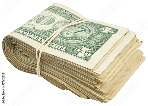 Stack of one dollar American bills. Cash wad roll. Money rolled in half with rubber band. Green USA bank notes. USD banking saving 1$ bills. Isolated background. Paper money note. Business success. 