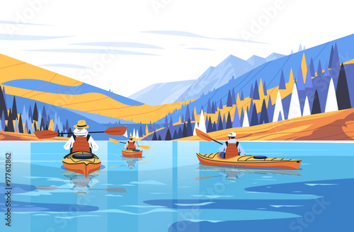 Kayakers on lake surrounded by mountains outdoor adventure nature scenic landscape vibrant colors digital art travel recreation water sports