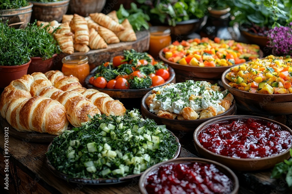 Brunch spread with a variet of dishes pastries. Village Breakfast with pastries, vegetables, greens, spreads, cheeses, fried eggs, jams. Brunch spread with a variet of dishes pastries. Village Breakfast with pastries, vegetables, greens, spreads, cheeses, fried eggs, jams.
