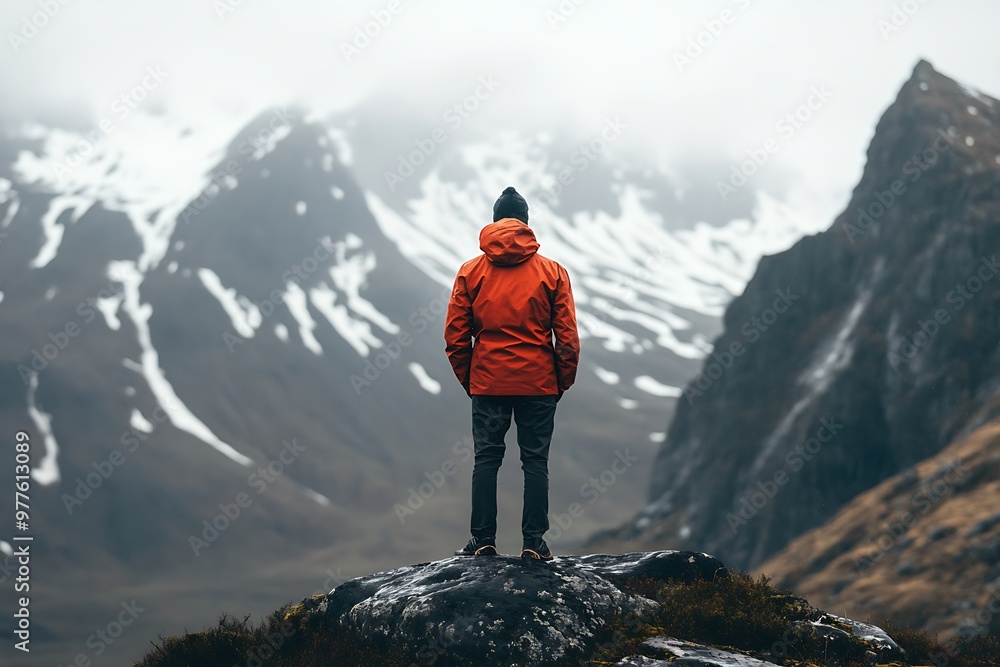 Man standing on a mountain peak with a view of snow covered mountain range in the distance. Man standing on a mountain peak with a view of snow covered mountain range in the distance.