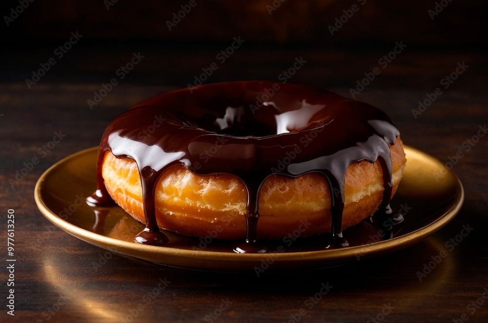 A close-up photo of a fresh donut on a plate covered with melted dark chocolate icing glaze on a black and gold plate standing on a wooden table surface. Luxury delicious dessert sweet food photo. A close-up photo of a fresh donut on a plate covered with melted dark chocolate icing glaze on a black and gold plate standing on a wooden table surface. Luxury delicious dessert sweet food photo.