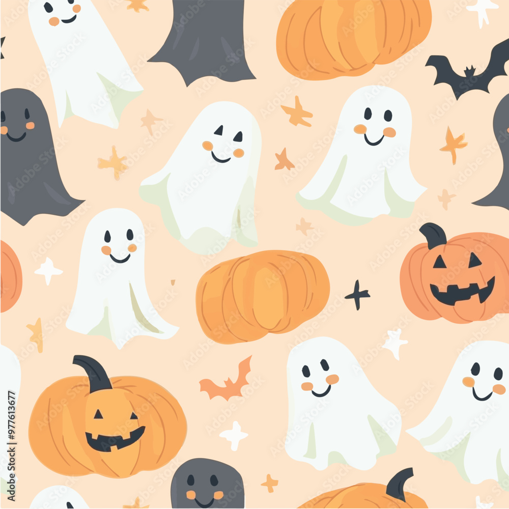 Cute Halloween vector seamless pattern of smiling ghosts and pumpkins Cute Halloween vector seamless pattern of smiling ghosts and pumpkins