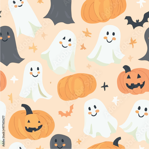 Cute Halloween vector seamless pattern of smiling ghosts and pumpkins