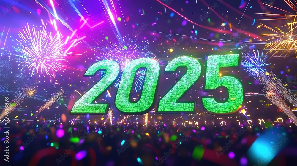 Exciting New Year celebration welcoming 2025 with vibrant fireworks and colorful lights at a lively urban location Exciting New Year celebration welcoming 2025 with vibrant fireworks and colorful lights at a lively urban location