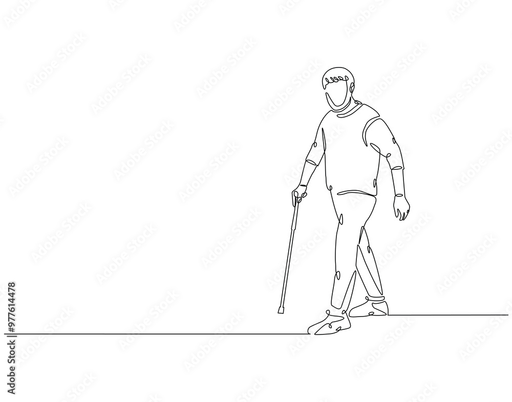 Continuous one line drawing of old man walking with stick walker. One line drawing illustration of grandfather using cane walker. International patient safety day concept line art. Editable outline. Continuous one line drawing of old man walking with stick walker. One line drawing illustration of grandfather using cane walker. International patient safety day concept line art. Editable outline.