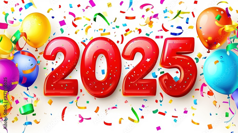 Fototapeta premium Festive celebration with colorful balloons and confetti welcoming the New Year 2025 in a bright and joyful setting