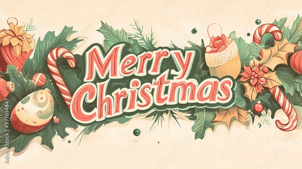 Fototapeta premium Cheerful holiday decorations featuring a festive Merry Christmas message with ornaments, candy canes, and greenery