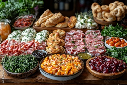 Brunch spread with a variet of dishes pastries. Village Breakfast with pastries, vegetables, greens, spreads, cheeses, fried eggs, jams. photo