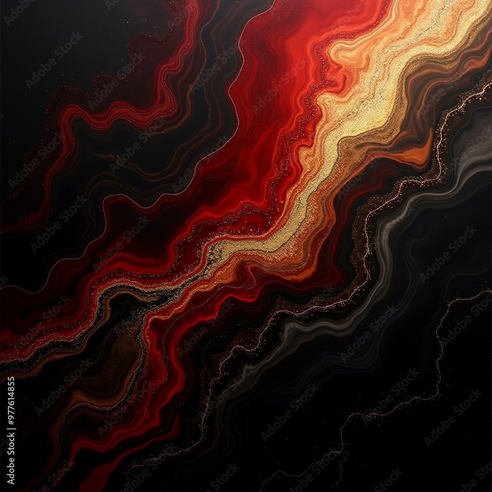 Abstraktes Gemälde für PC-Hintergrund mit wellenartigen Linien in den Farben rot und gold, Schwarzer Hintergrund Abstraktes Gemälde für PC-Hintergrund mit wellenartigen Linien in den Farben rot und gold, Schwarzer Hintergrund