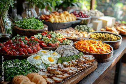 Brunch spread with a variet of dishes pastries. Village Breakfast with pastries, vegetables, greens, spreads, cheeses, fried eggs, jams. photo