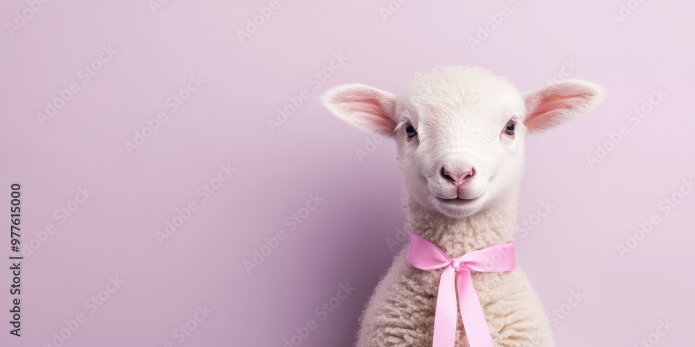 Fototapeta premium Adorable Lamb with Pink Ribbon Standing Gracefully on Light Purple Background