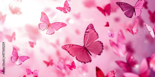 Pink butterfly background with pink butterflies fluttering around.