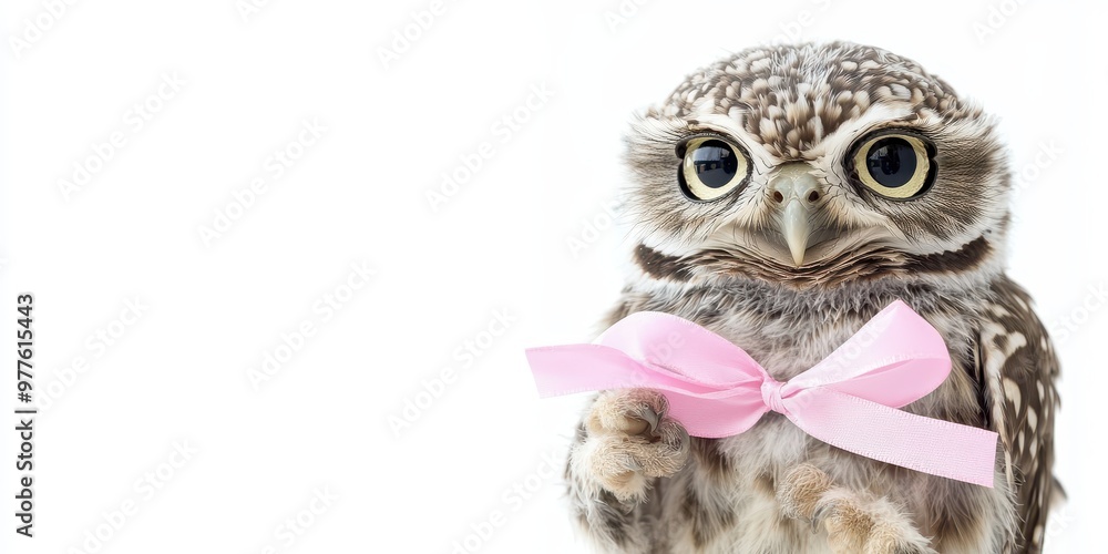 Fototapeta premium Baby Owl with Pink Ribbon - Cute Wildlife Image on White Background