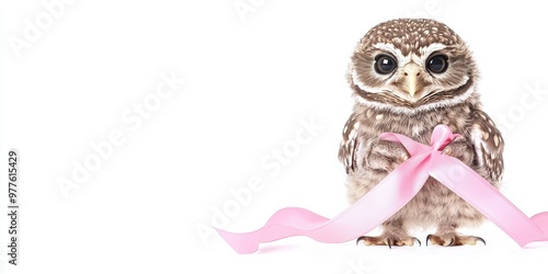 Sweet Baby Owl Holding Pink Ribbon Against White Background