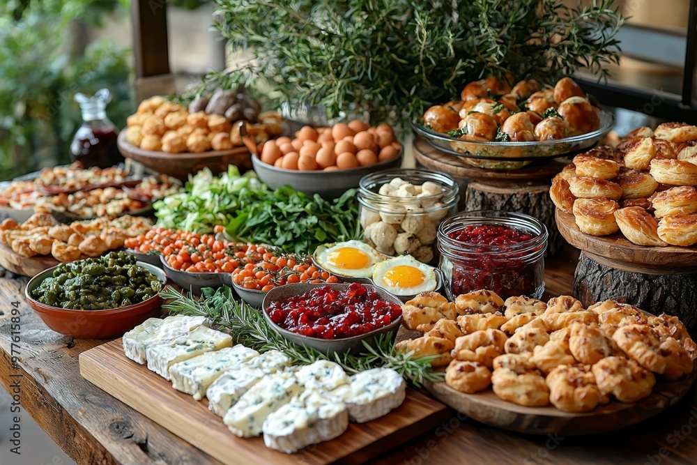 Brunch spread with a variet of dishes pastries. Village Breakfast with ...
